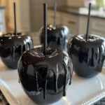Halloween candy, spooky treats, candy apples, Halloween recipe, black candy apples