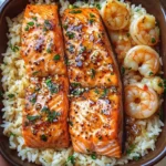 Honey Garlic Salmon & Shrimp over Garlic Butter Rice