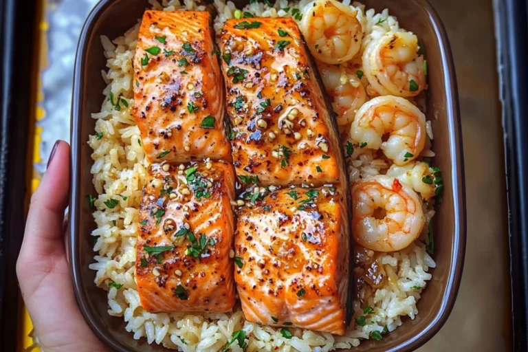 Honey Garlic Salmon & Shrimp over Garlic Butter Rice