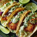 Crispy fish tacos topped with creamy cilantro lime slaw