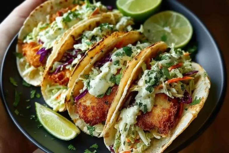 Crispy fish tacos topped with creamy cilantro lime slaw