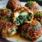 Spinach Garlic Meatballs Stuffed with Mozzarella