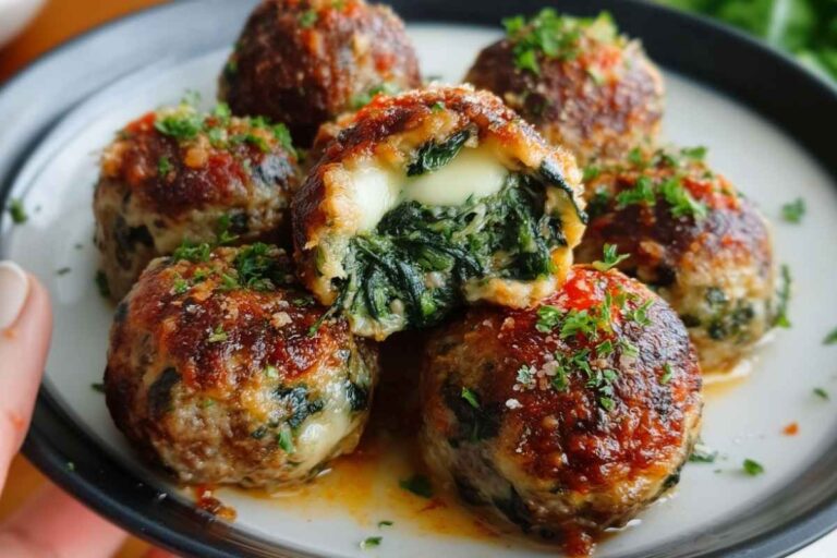 Spinach Garlic Meatballs Stuffed with Mozzarella