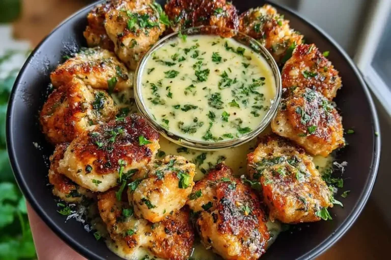 Garlic Butter Parmesan Chicken Bites with Creamy Herb Sauce