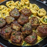 Garlic Butter Steak Bites & Creamy Pesto Alfredo Tortellini