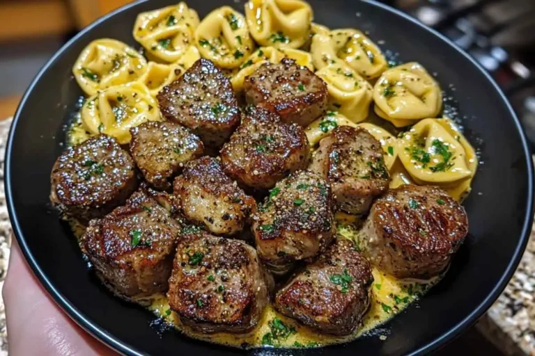 Garlic Butter Steak Bites & Creamy Pesto Alfredo Tortellini