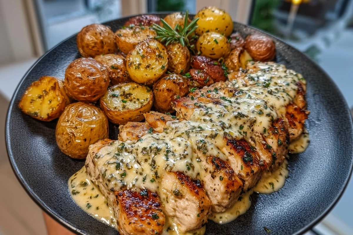 Creamy Garlic Chicken with Roasted Baby Potatoes 