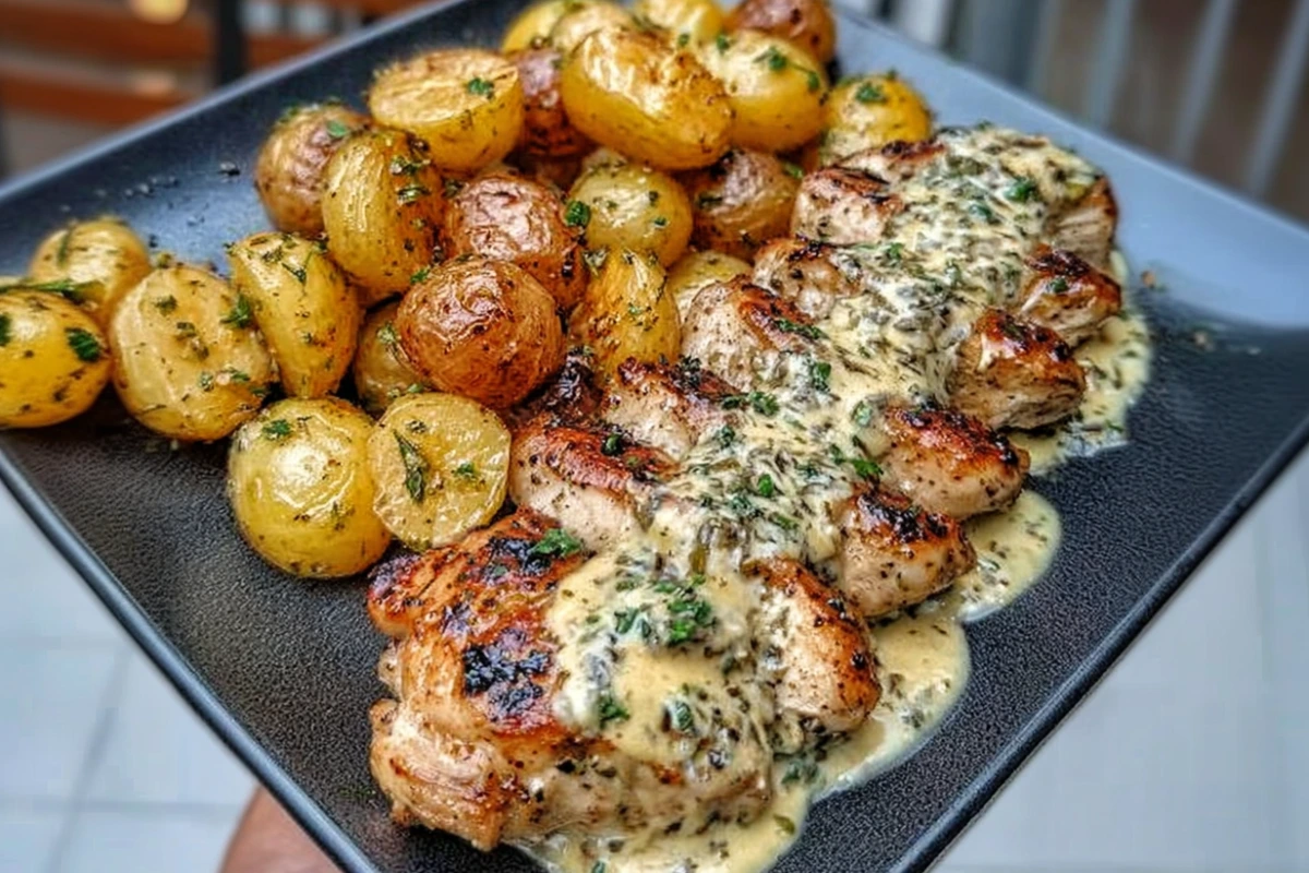 Creamy Garlic Chicken with Roasted Baby Potatoes