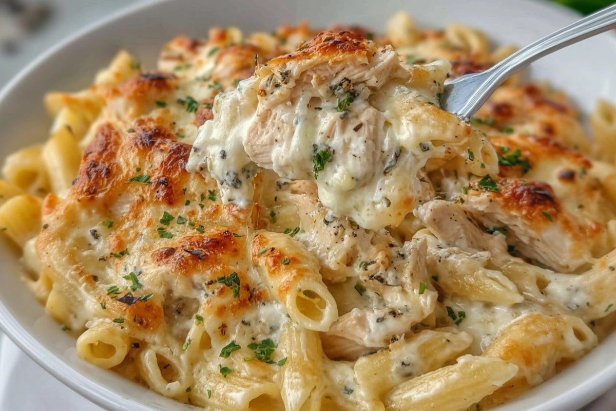 Creamy Garlic Boursin Chicken Pasta Bake 