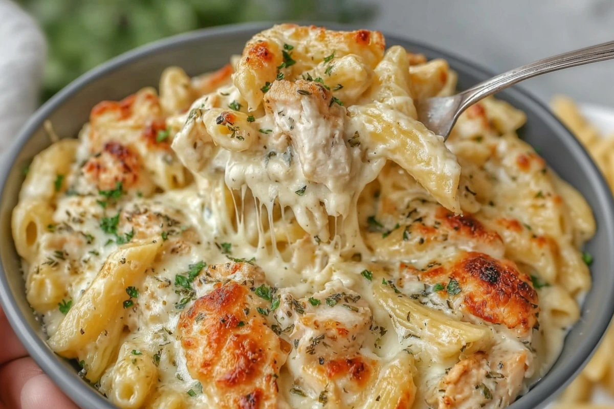 Creamy Garlic Boursin Chicken Pasta Bake 