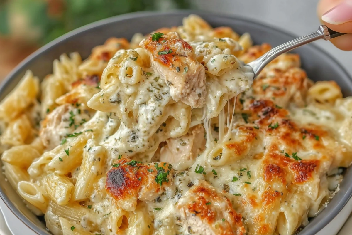 Creamy Garlic Boursin Chicken Pasta Bake 