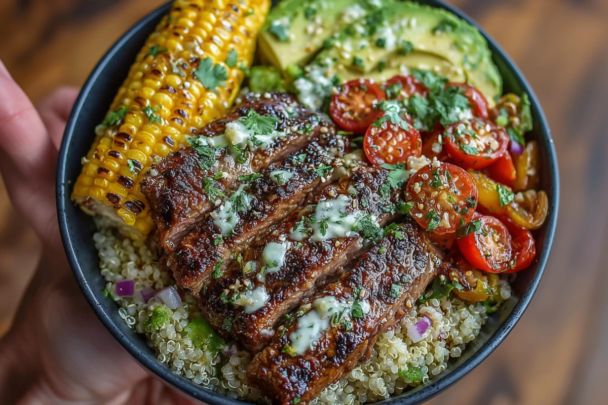 Steak, Avocado, and Roasted Corn Bowl with Cilantro Cream Sauce