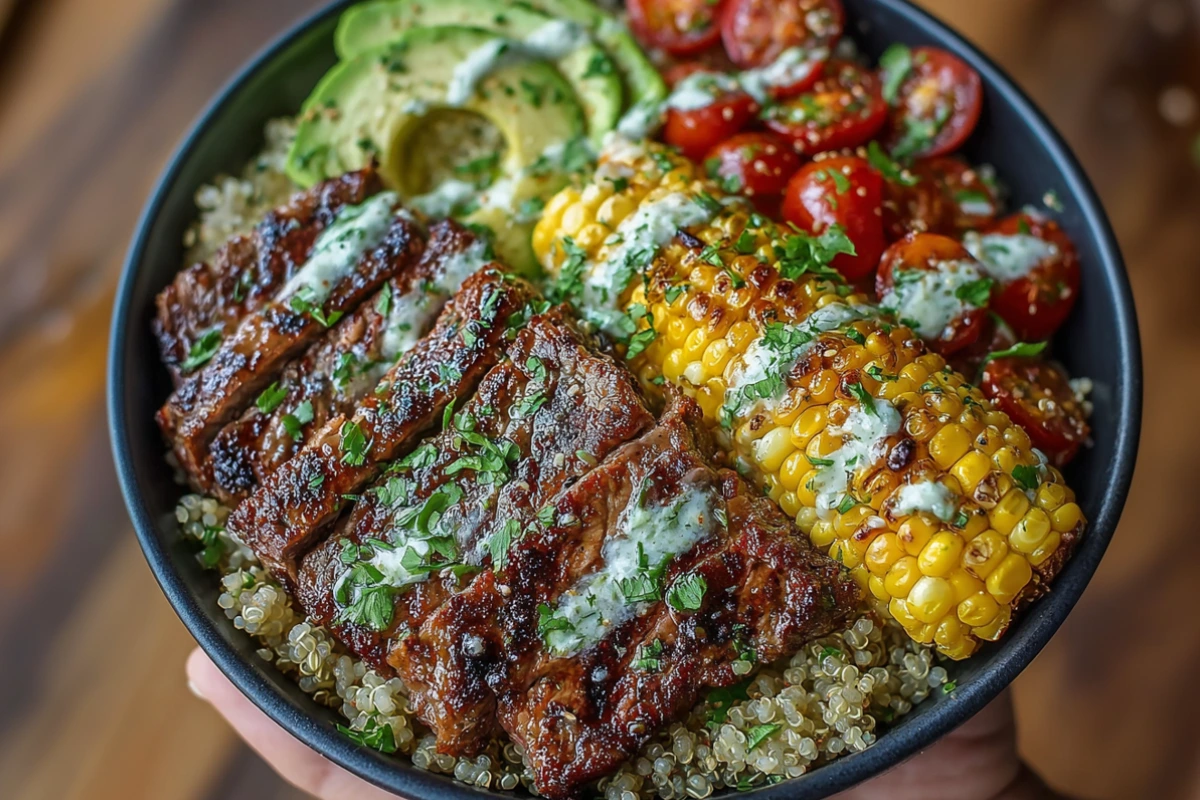 Steak, Avocado, and Roasted Corn Bowl with Cilantro Cream Sauce
