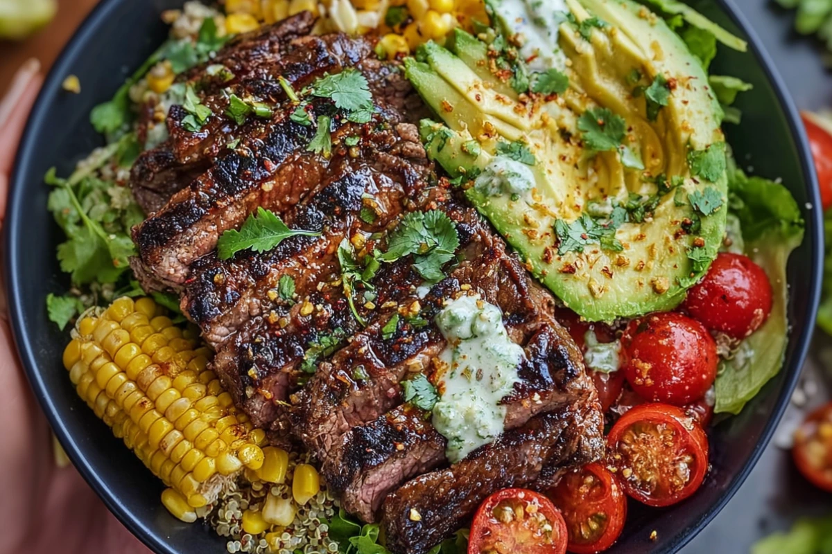Steak, Avocado, and Roasted Corn Bowl with Cilantro Cream Sauce