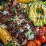 Steak, Avocado, and Roasted Corn Bowl with Cilantro Cream Sauce