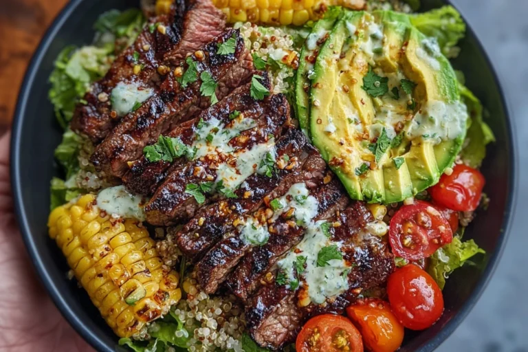 Steak, Avocado, and Roasted Corn Bowl with Cilantro Cream Sauce