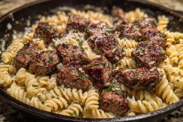 Garlic Butter Steak Bites & Creamy Alfredo Pasta