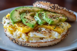 Bagel Cottage Cheese Egg and Avocado Breakfast Sandwich