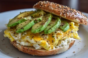 Bagel Cottage Cheese Egg and Avocado Breakfast Sandwich