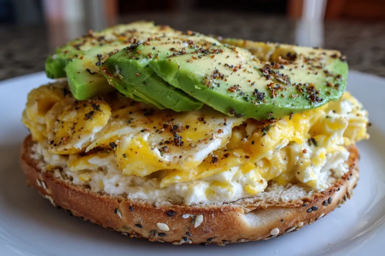 Bagel Cottage Cheese Egg and Avocado Breakfast Sandwich