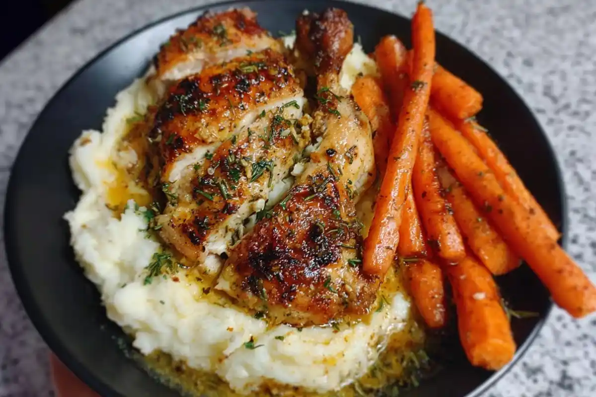 garlic herb chicken, mashed potatoes, glazed carrots, comfort food, easy dinner
