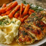 garlic herb chicken, mashed potatoes, glazed carrots, comfort food, easy dinner