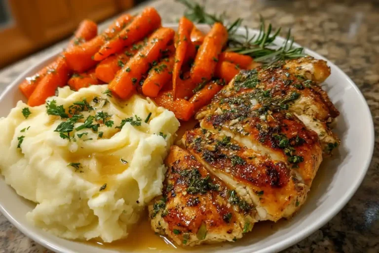 garlic herb chicken, mashed potatoes, glazed carrots, comfort food, easy dinner
