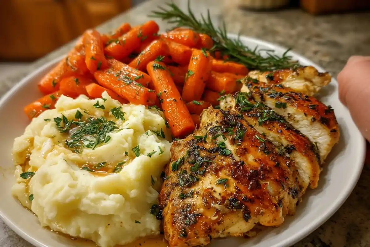 garlic herb chicken, mashed potatoes, glazed carrots, comfort food, easy dinner