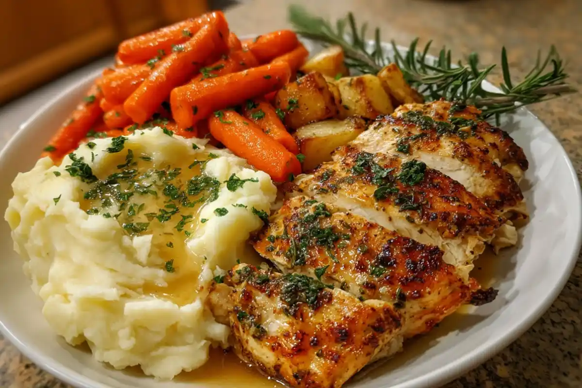 garlic herb chicken, mashed potatoes, glazed carrots, comfort food, easy dinner