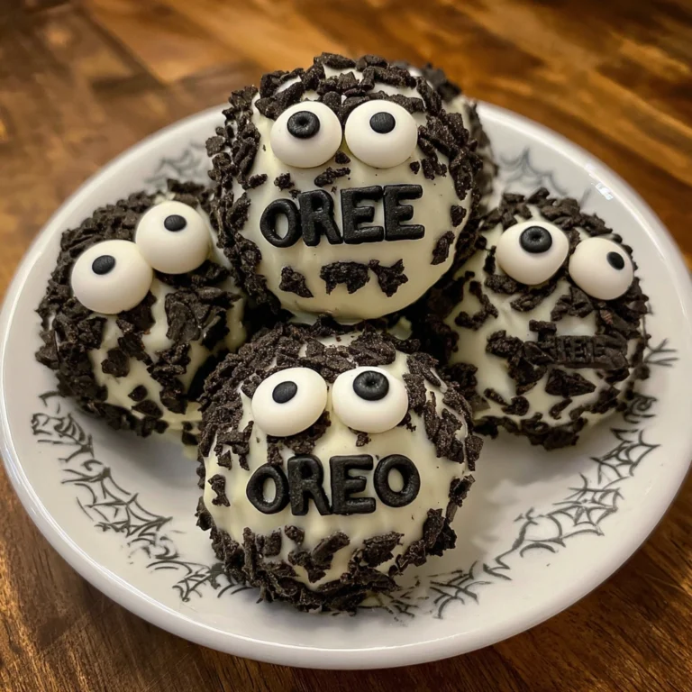 White chocolate Oreo truffles decorated with candy eyes for Halloween.