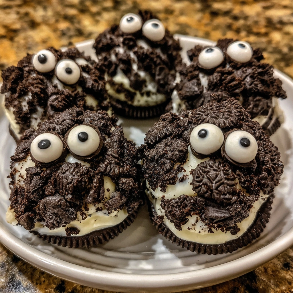 A tray of white chocolate Oreo truffles with edible eyes.