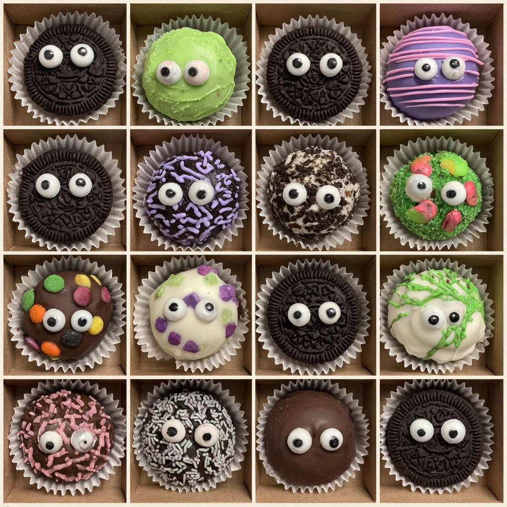 Oreo truffles decorated as Halloween eyeballs.