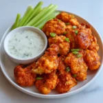 Crispy buffalo cauliflower bites in a bowl with dipping sauce