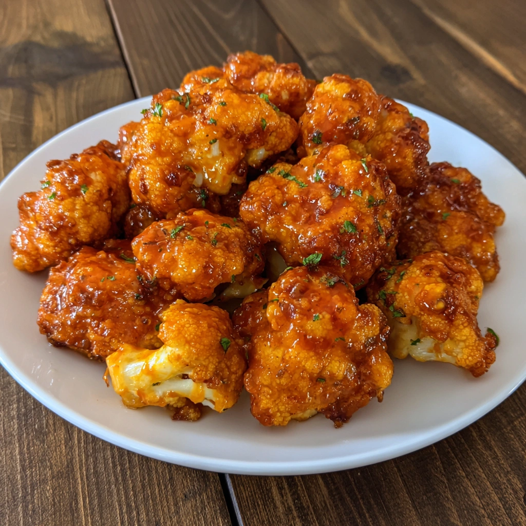 Air fryer basket with freshly cooked buffalo cauliflower