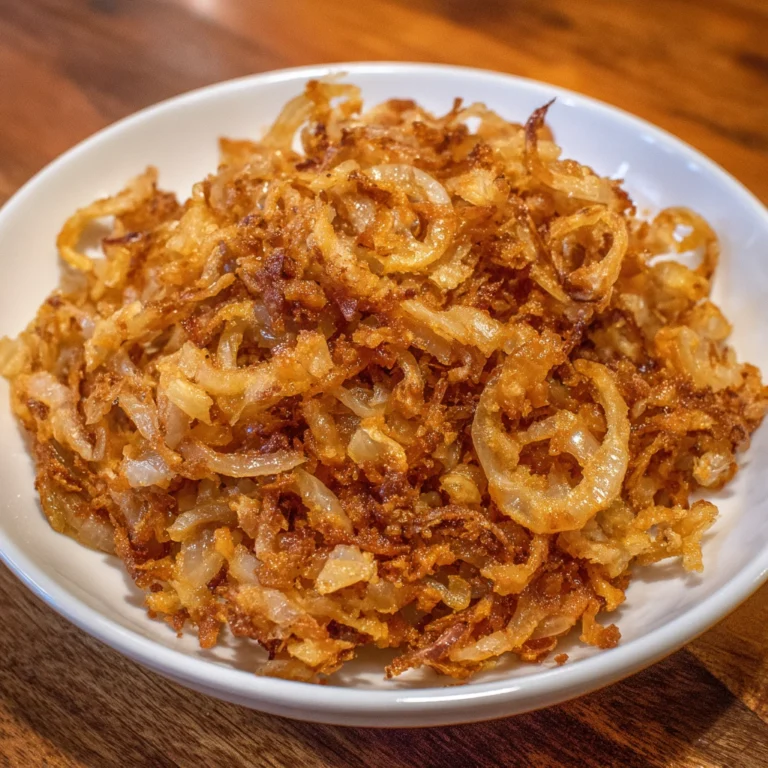 Golden air fryer crispy onions in a bowl, perfect for topping any dish.