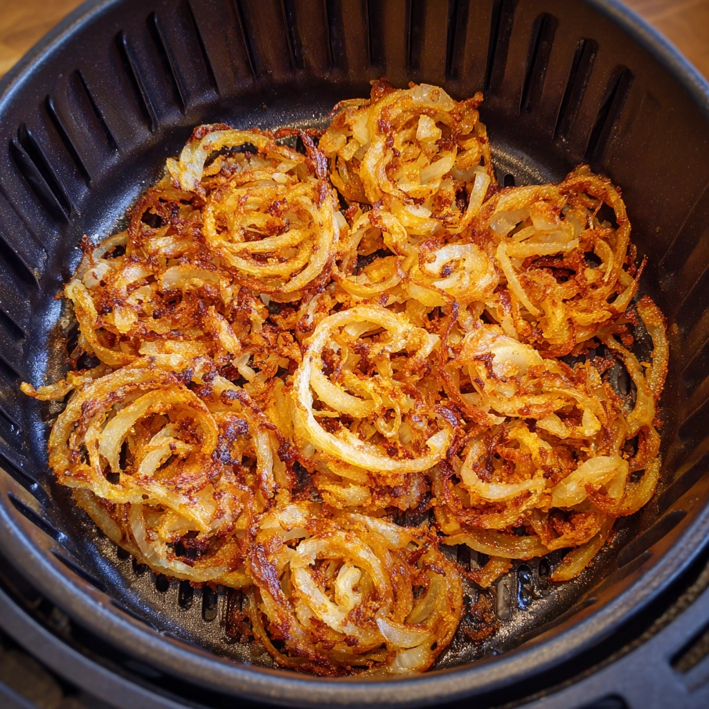 Healthy crispy onions made in an air fryer, served as a topping.