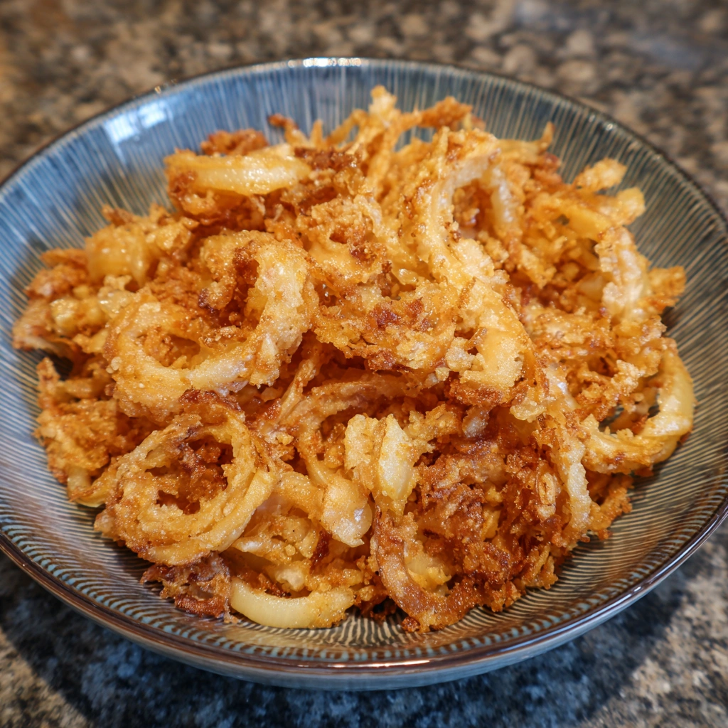 Close-up of crunchy golden onions straight from the air fryer.