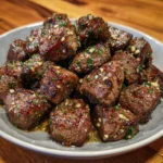 Juicy garlic butter steak bites in a bowl with parsley garnish