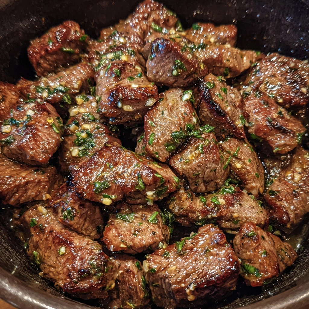 Air fryer basket filled with sizzling steak cubes