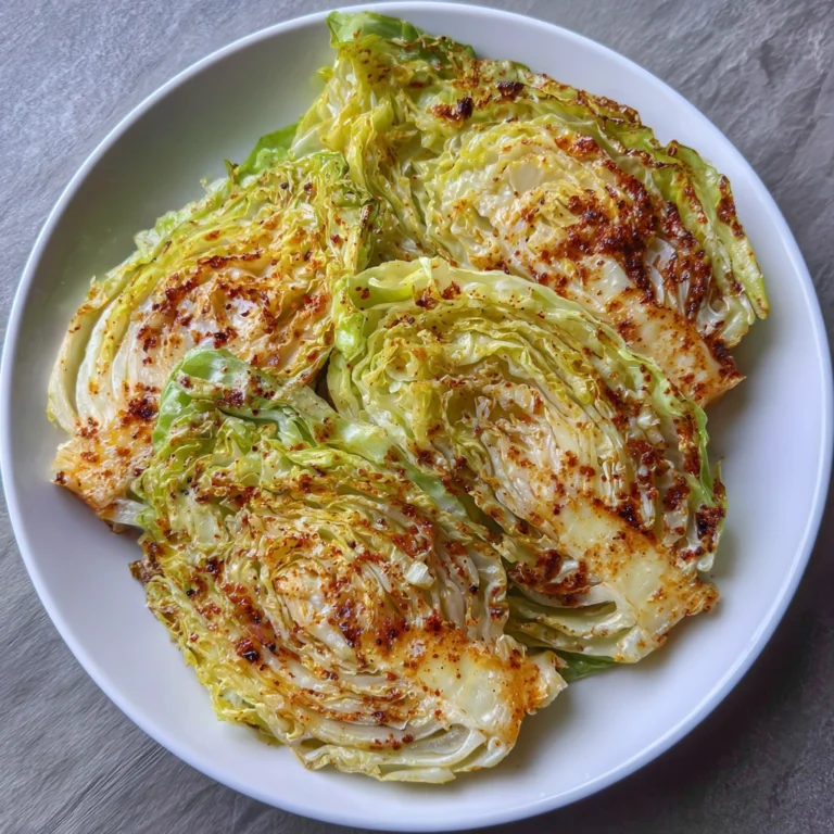 Crispy cabbage wedges in the air fryer basket with golden edges