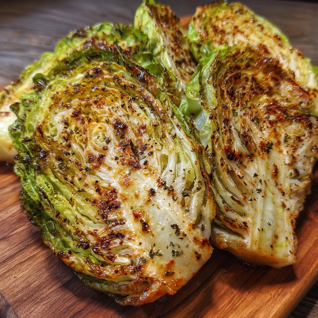 Cabbage wedges served with lemon and dipping sauce on a plate