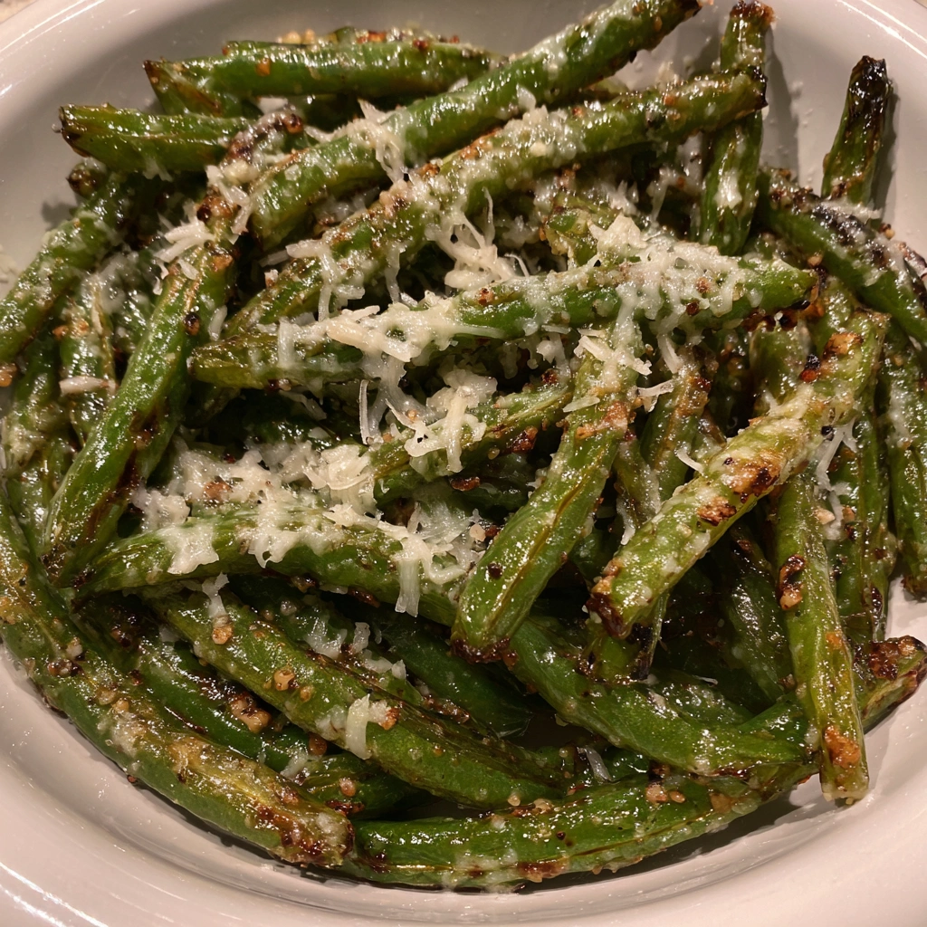 Air Fryer Parmesan Green Beans: Crispy Cheesy Epic 10min. 8 Golden green beans served in a dish with cheese