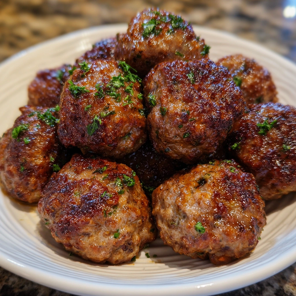 Close-up of tender meatballs with herbs on top