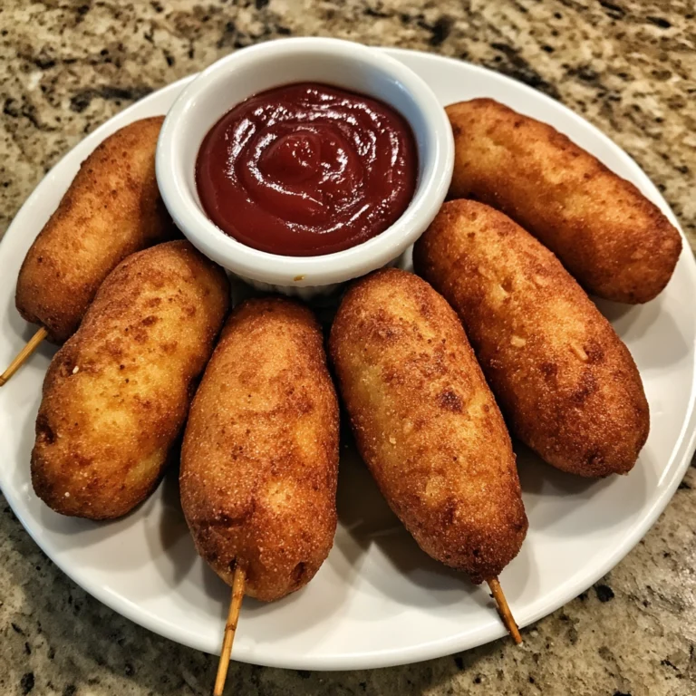Golden gluten-free corn dogs stacked on a plate with mustard and ketchup.
