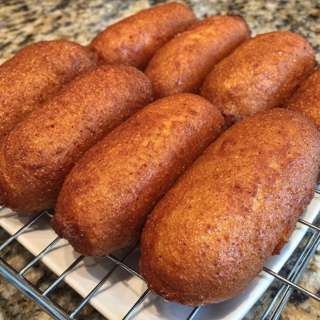 Close-up of a crispy corn dog dipped in mustard.