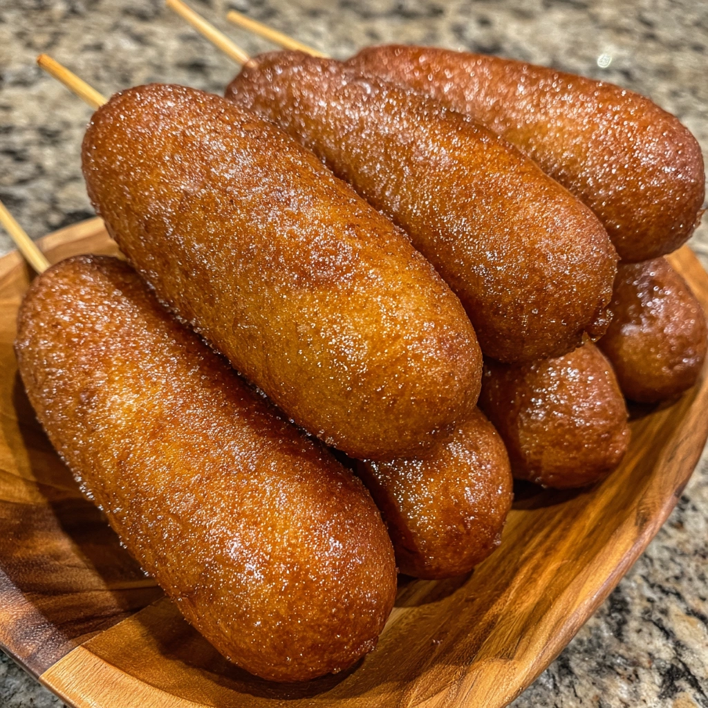 A tray of freshly fried corn dogs with napkins and dipping sauce.
