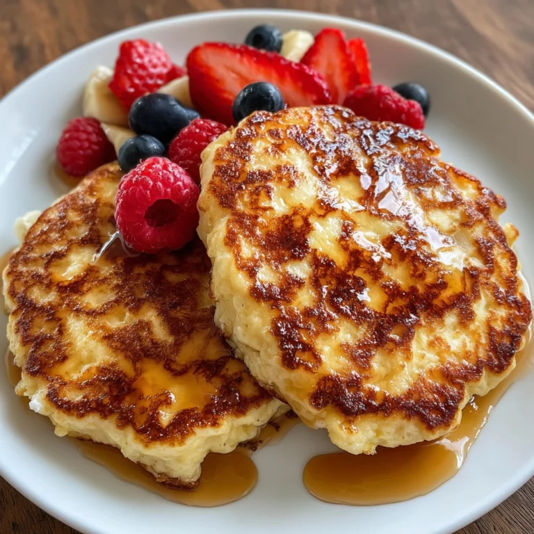 A stack of fluffy cottage cheese pancakes topped with berries and honey.