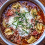 Bowl of gluten free lasagna soup topped with fresh herbs.