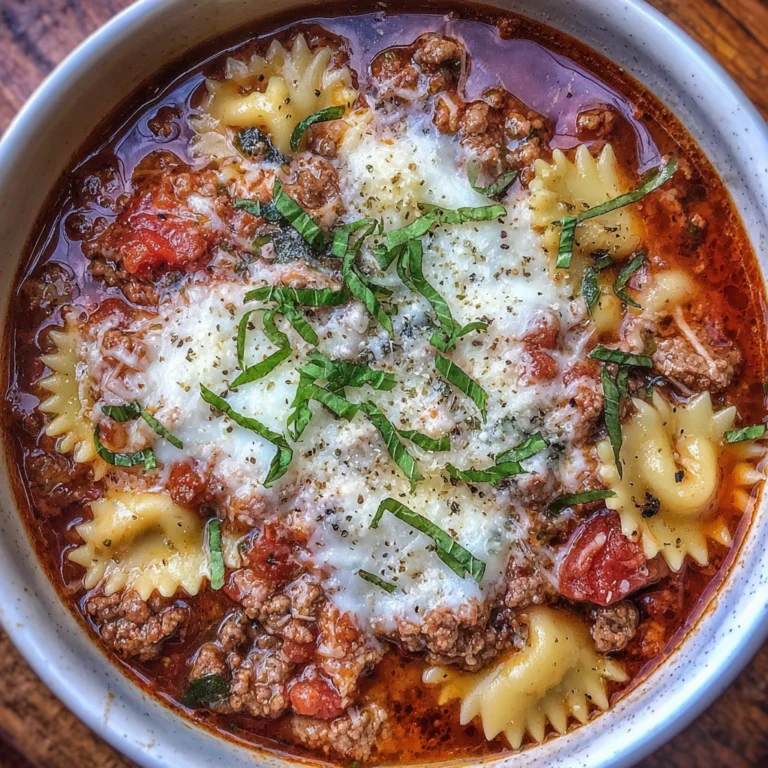 Bowl of gluten free lasagna soup topped with fresh herbs.