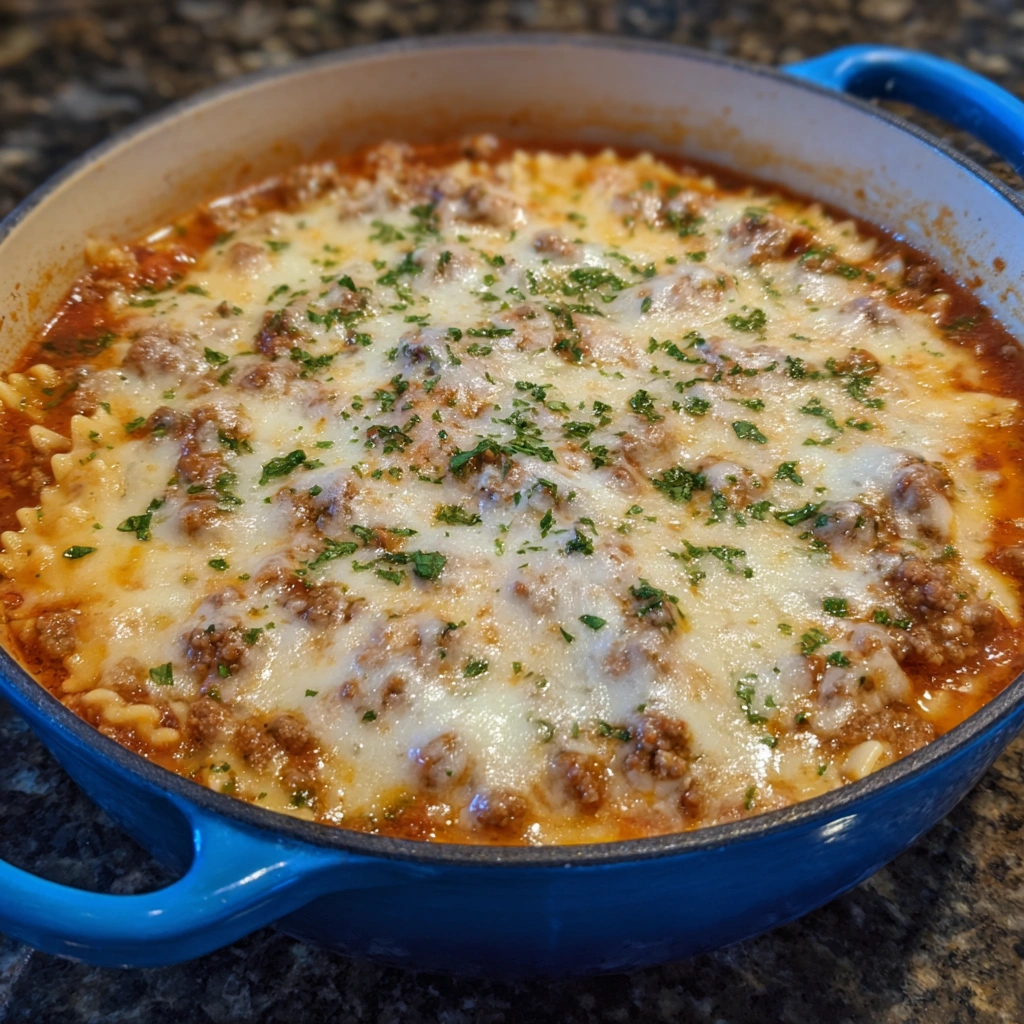 A spoonful of lasagna soup showing gluten-free noodles and ground meat.